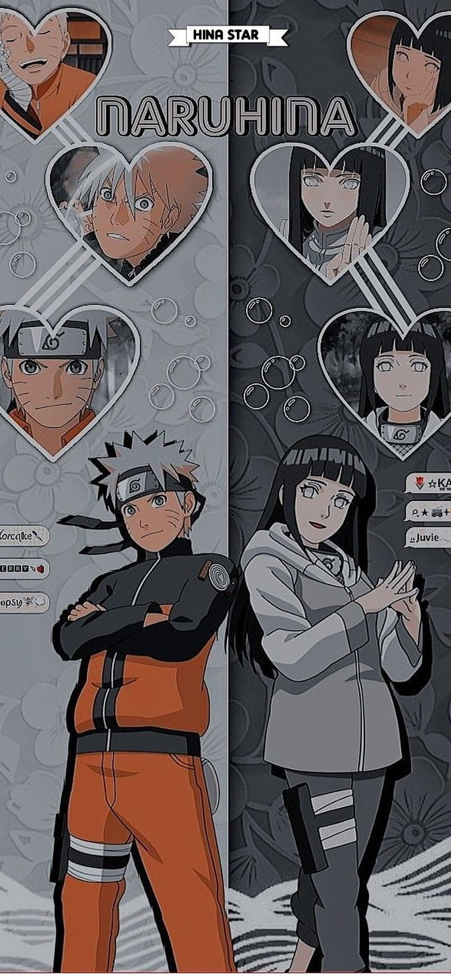 Naruto and Hinata Anime Couple Wallpaper with Heart Frames and Character Portraits HD phone wallpaper