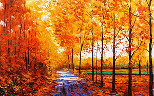 Vibrant Impressionist Autumn Forest Path with Golden Foliage and Warm Orange Tones HD wallpaper