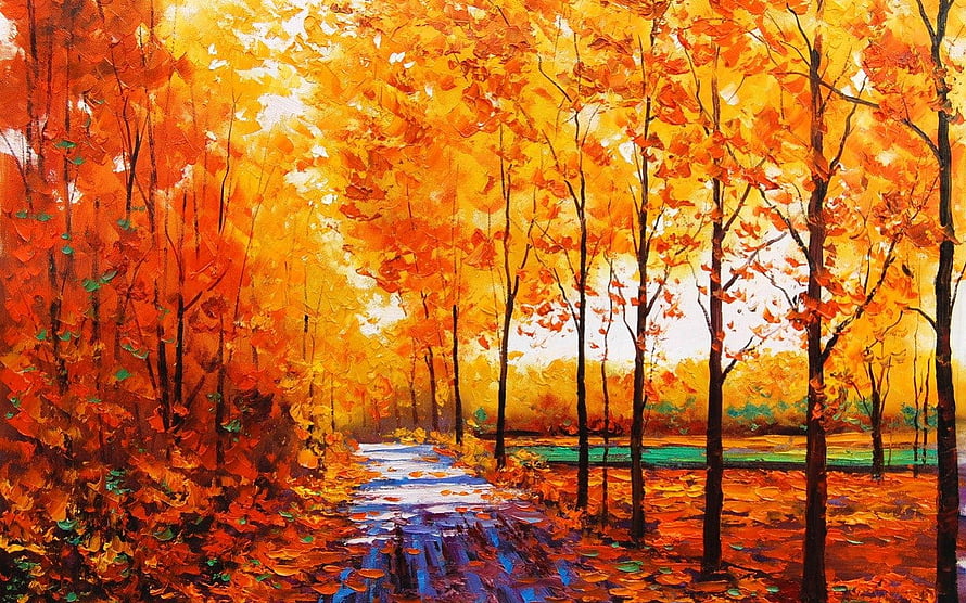 Vibrant Impressionist Autumn Forest Path with Golden Foliage and Warm Orange Tones HD wallpaper