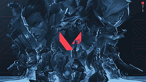 Valorant Agent Roster Illustration with Red Logo and Tactical Characters HD wallpaper