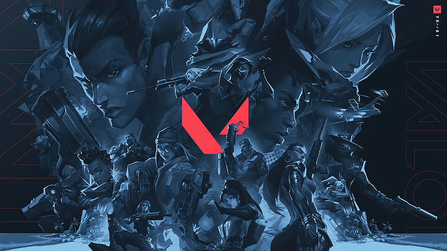 Valorant Agent Roster Illustration with Red Logo and Tactical Characters HD wallpaper