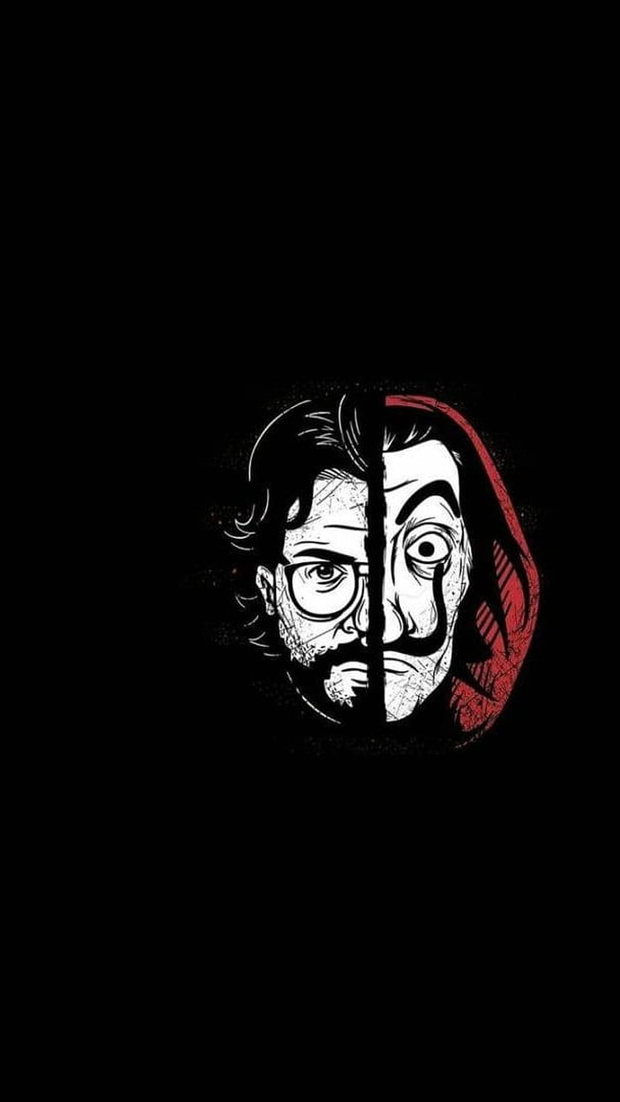 Money Heist Split Face Illustration with Professor and El Profesor Mask on Black Background HD phone wallpaper