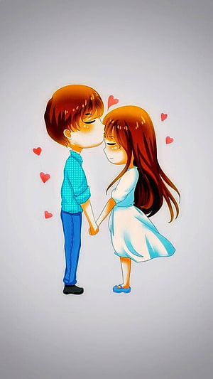 Cute Anime Couple Sharing a Sweet Kiss with Floating Hearts HD phone wallpaper