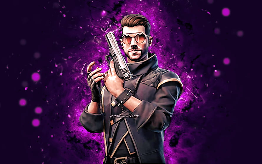 DJ Alok from Garena Free Fire holding a pistol against a vibrant purple cosmic background HD wallpaper