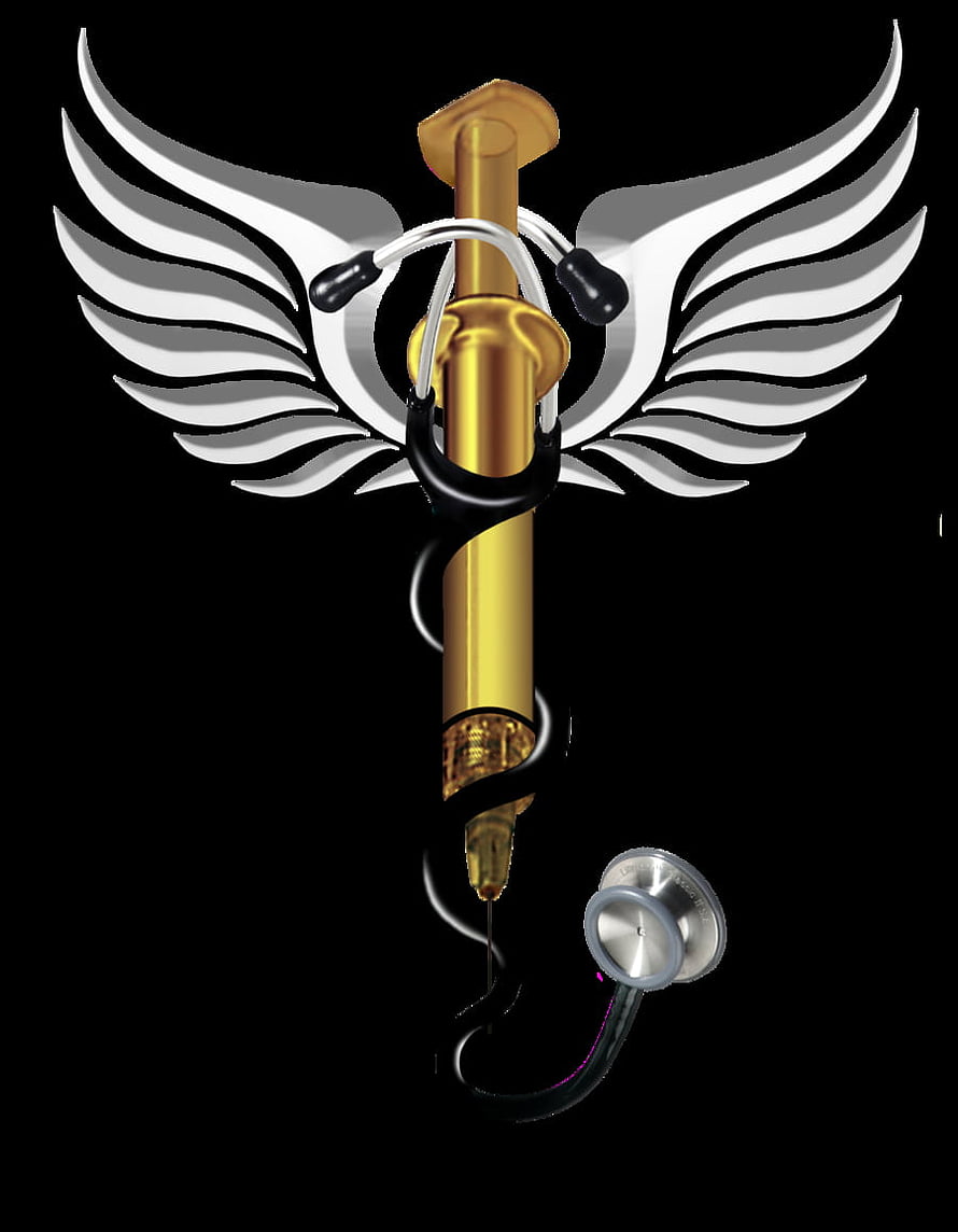 Golden Syringe with Stethoscope and White Wings Medical Symbol on Black Background HD phone wallpaper