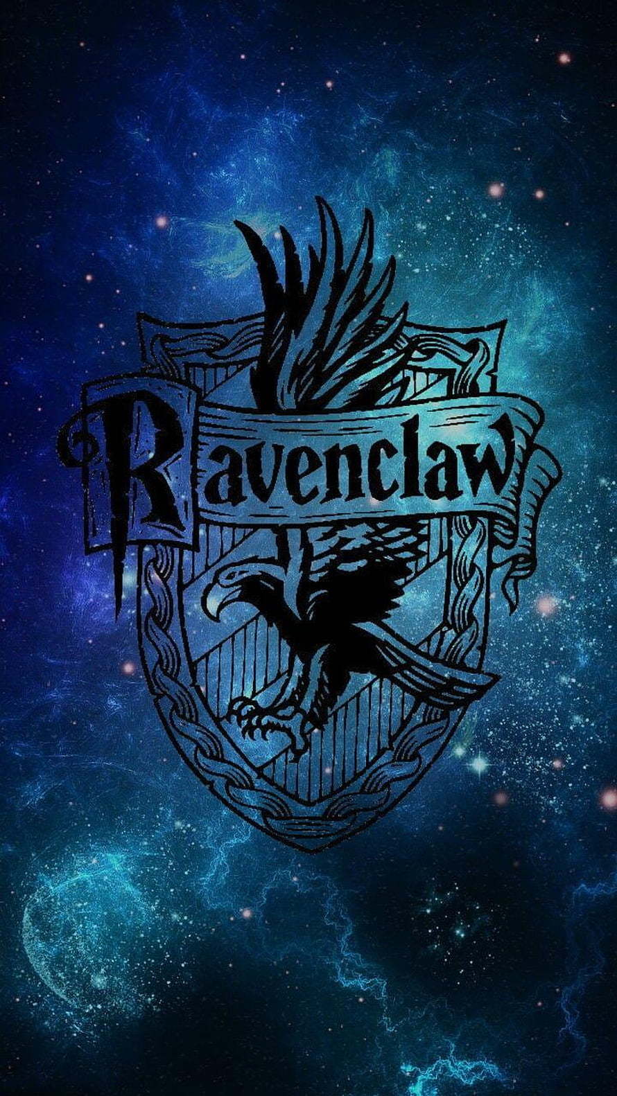 Ravenclaw House Crest with Eagle Emblem on a Deep Blue Cosmic Nebula Background HD phone wallpaper
