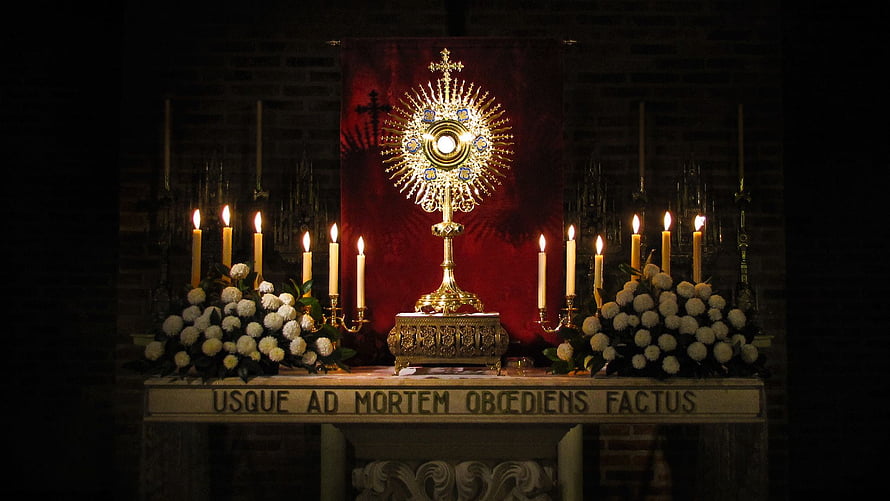 Catholic Eucharistic Adoration Altar with Monstrance and Candles HD wallpaper