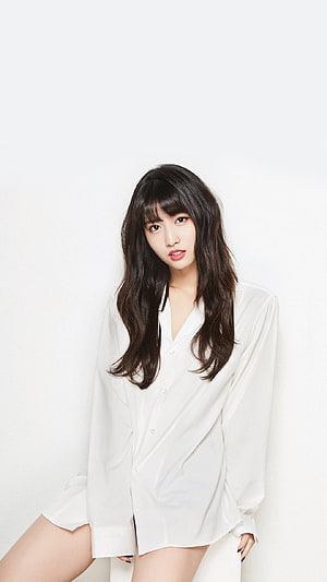 Hazel from Twice in an oversized white button-down shirt against a clean studio backdrop HD phone wallpaper