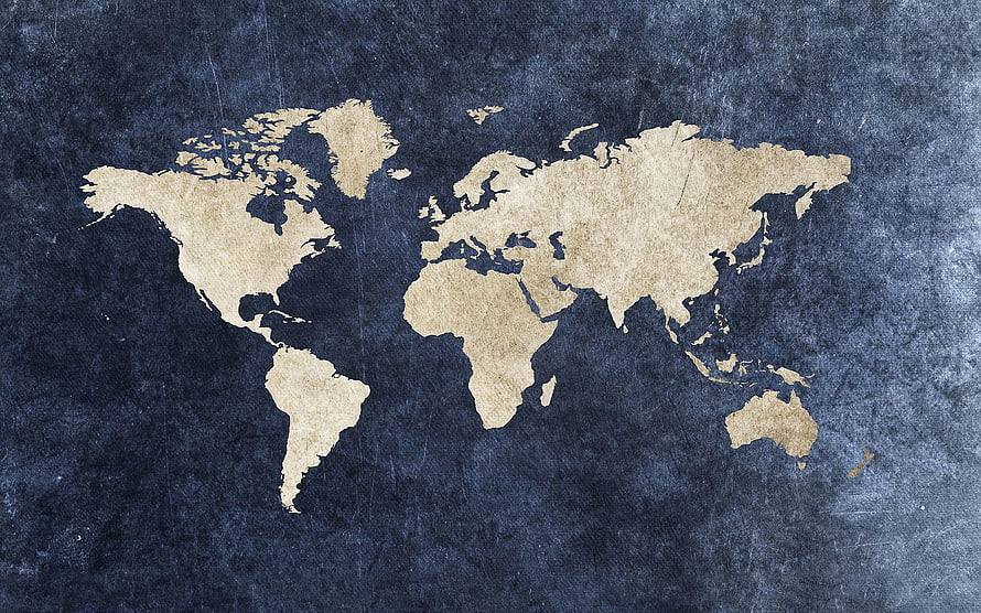 Vintage World Map on Dark Denim Texture with Gold Continents HD wallpaper