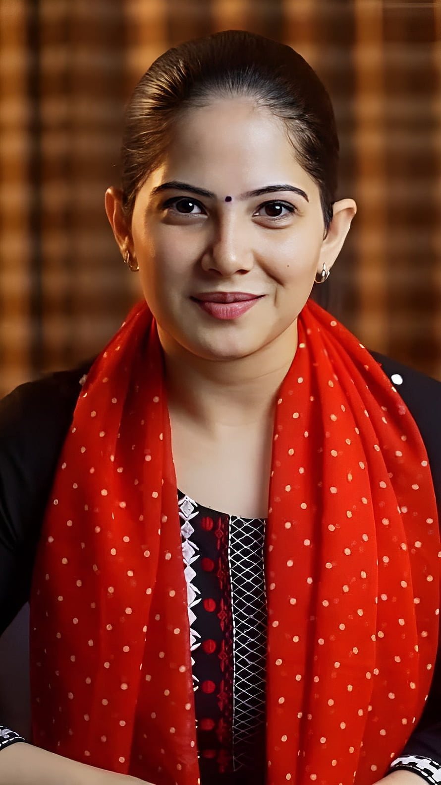 Jaya Kishori Portrait Wearing Red Polka Dot Dupatta and Black Ethnic Wear HD phone wallpaper