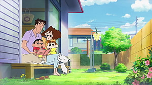 Crayon Shin-chan Family Reading Together in Sunny Backyard with Shiro HD wallpaper