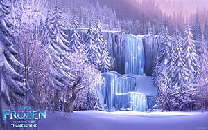 Frozen Waterfall Scene in Snowy Forest from Disney's Frozen Movie HD wallpaper
