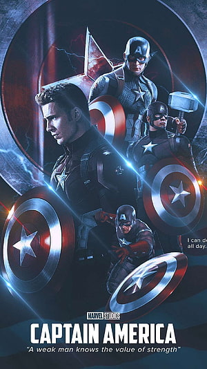 Captain America Marvel Studios Cinematic Poster Featuring Multiple Costumes and Shields HD phone wallpaper
