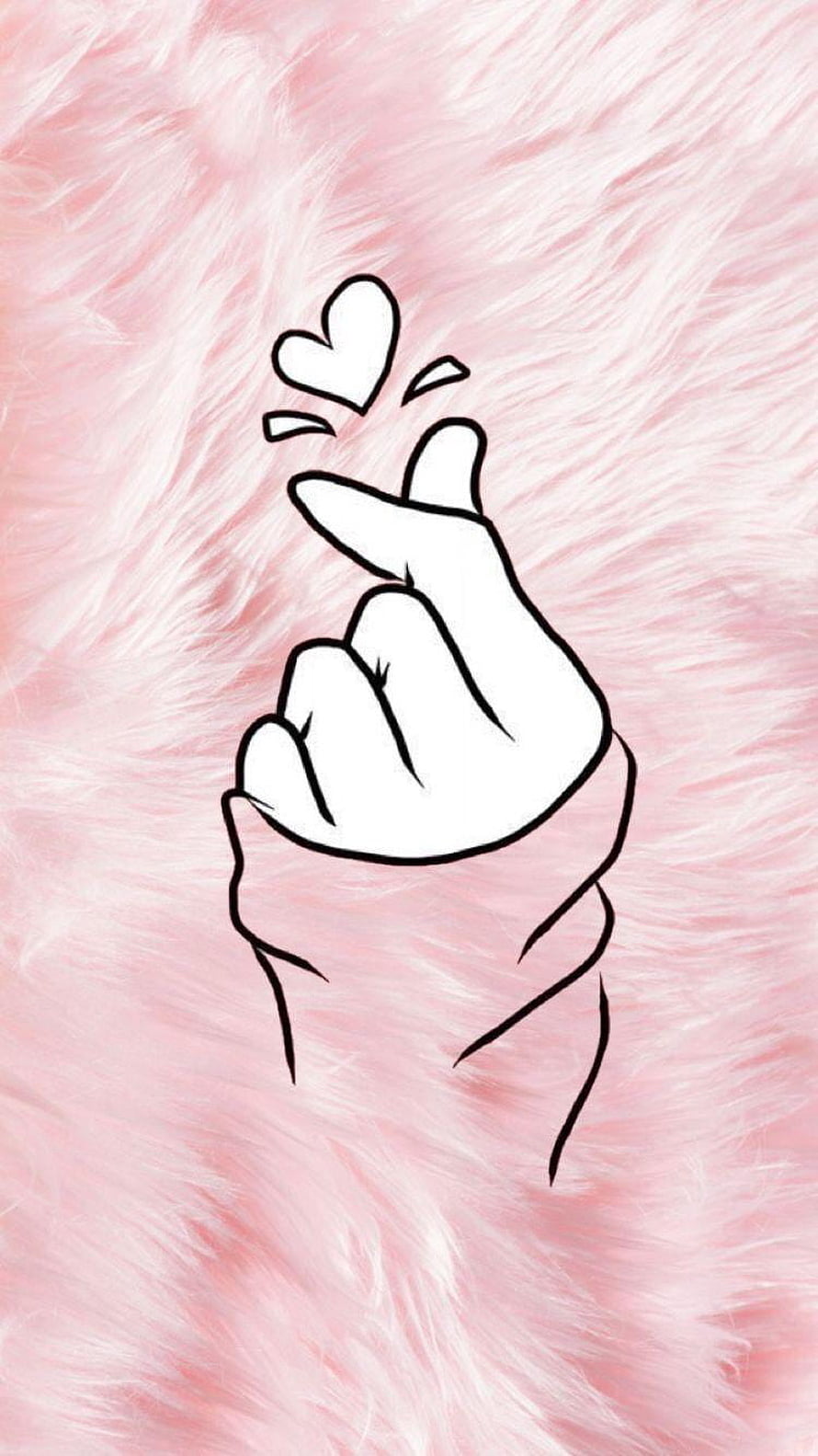 Cute Finger Heart Hand Gesture Illustration on Soft Pink Furry Background HD phone wallpaper