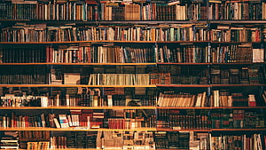 Vintage Library Bookshelves Filled With Old Hardcover Books HD wallpaper