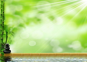Serene Zen Garden with Bamboo, Stacked Stones, and Sunlit Water Reflections HD wallpaper