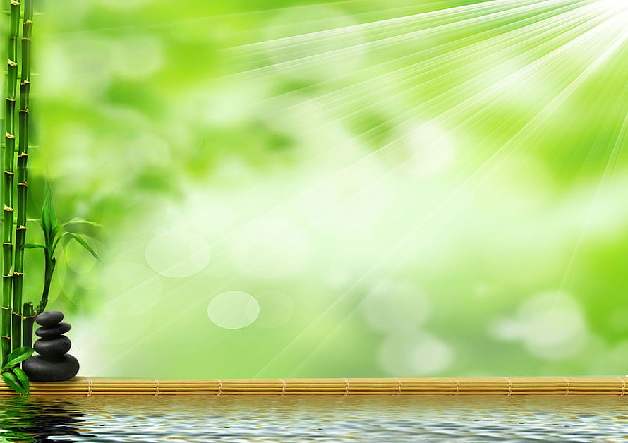 Serene Zen Garden with Bamboo, Stacked Stones, and Sunlit Water Reflections HD wallpaper