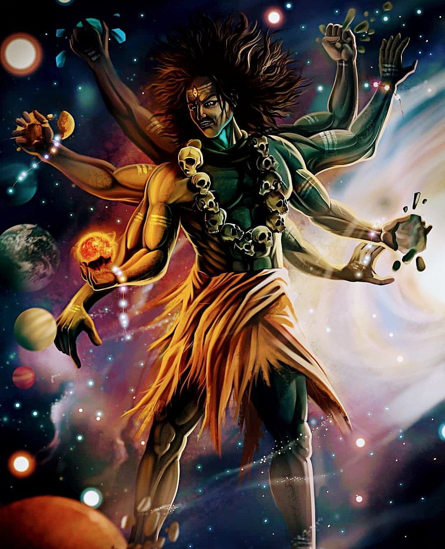Lord Shiva Cosmic Dance with Multiple Arms and Skull Garland in Vibrant Space HD phone wallpaper