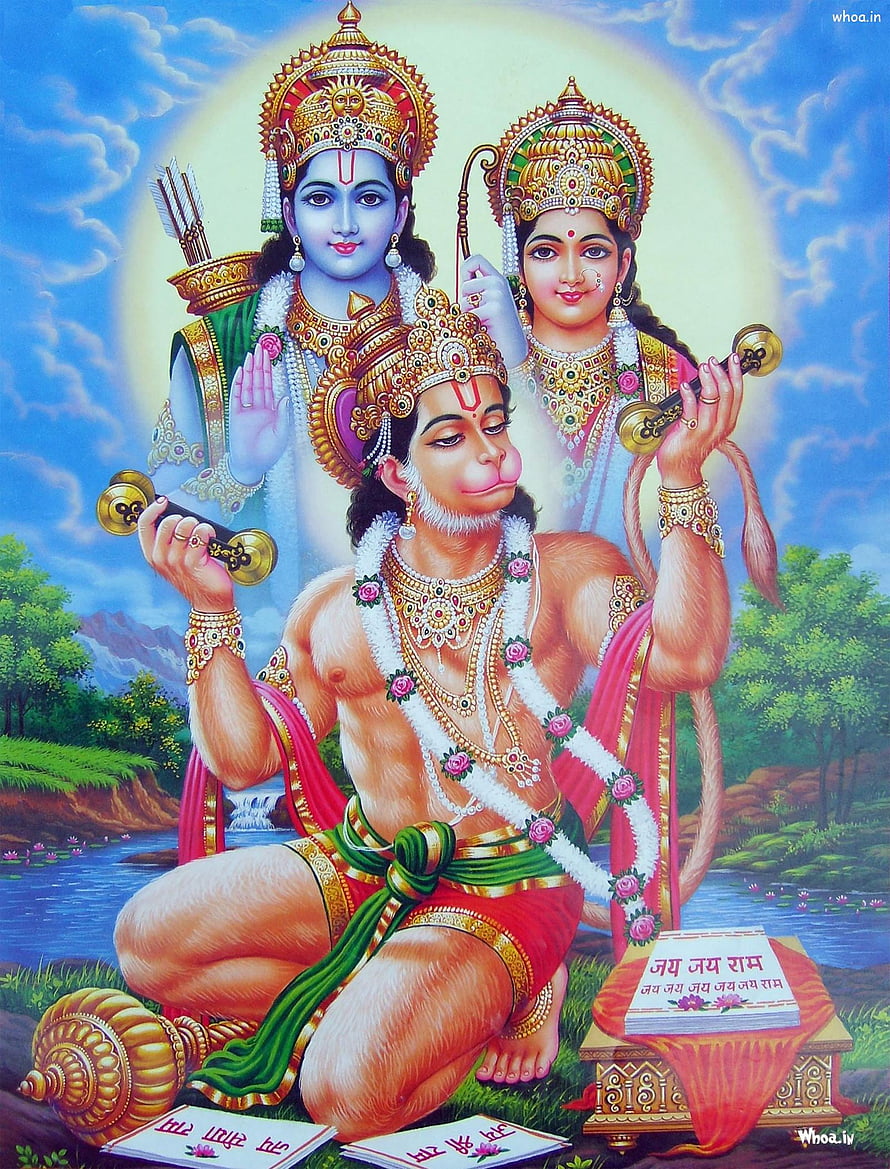 Hanuman with Lord Rama and Sita in a serene forest setting with sacred texts HD phone wallpaper