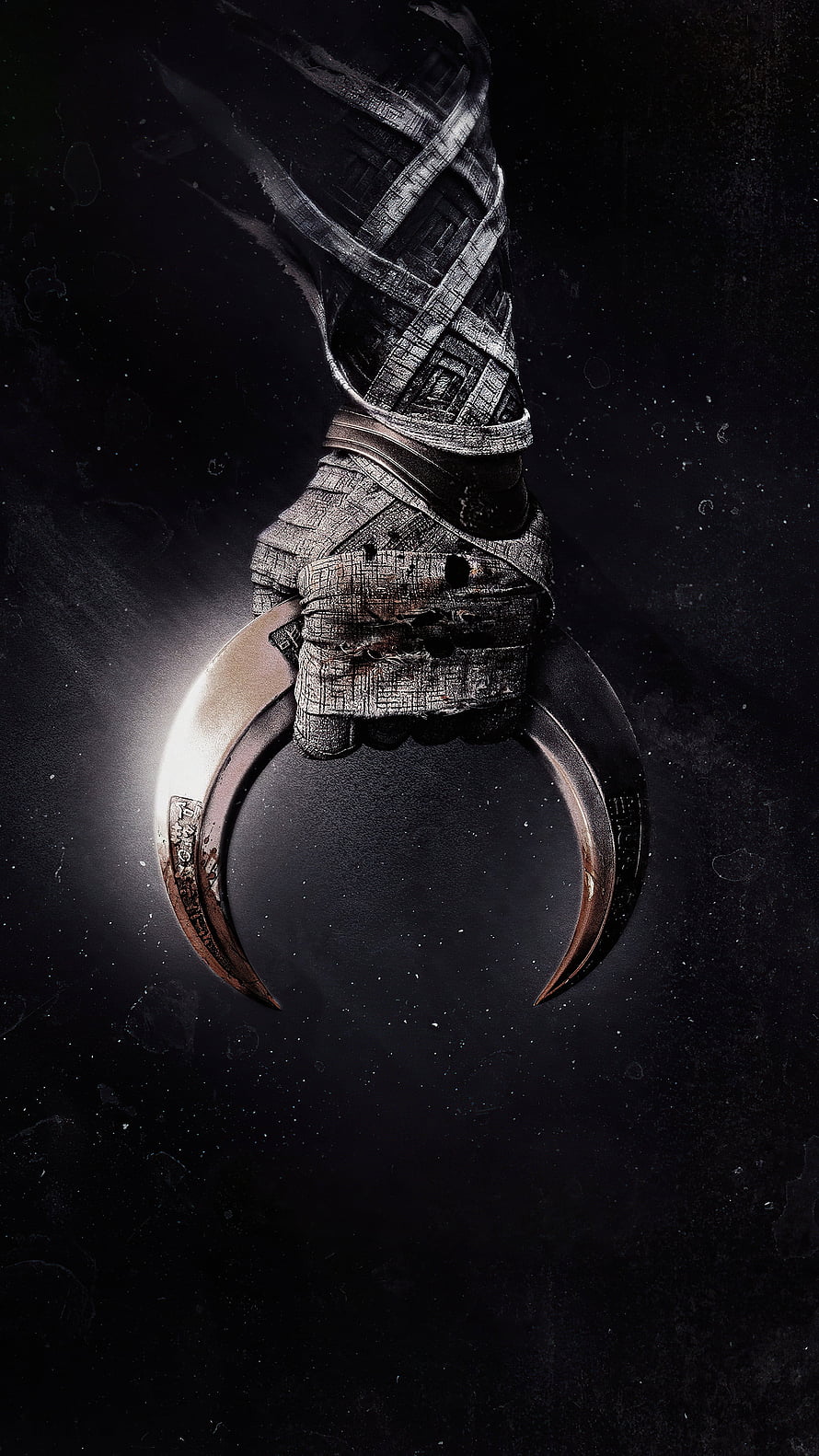 Moon Knight Crescent Moon Weapon Concept Art with Wrapped Arm and Dark Background HD phone wallpaper