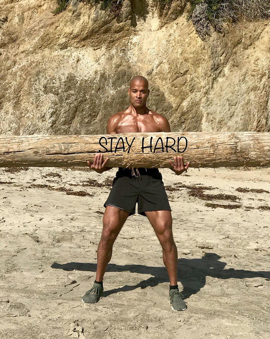 David Goggins Carrying Log on Beach with Stay Hard Message HD phone wallpaper