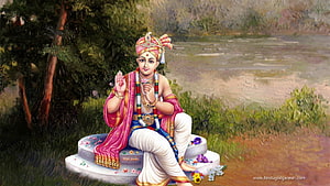 Swaminarayan Bhagwan seated on stone platform in serene natural landscape HD wallpaper