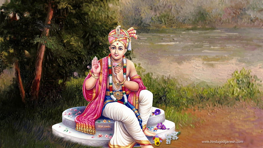 Swaminarayan Bhagwan seated on stone platform in serene natural landscape HD wallpaper