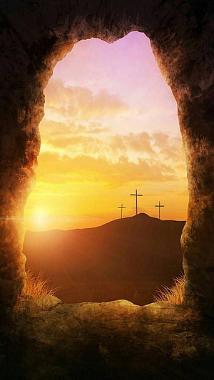 View of Calvary Crosses at Sunset Through the Empty Tomb Entrance HD phone wallpaper