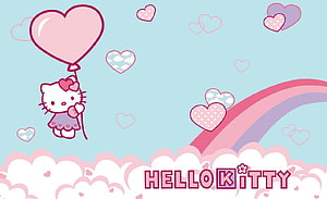 Hello Kitty Floating with Heart Balloons and Rainbow Clouds HD wallpaper
