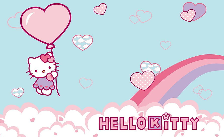 Hello Kitty Floating with Heart Balloons and Rainbow Clouds HD wallpaper