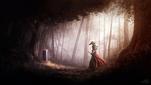 Armored Knight in Red Cape Standing in Misty Forest with Sword HD wallpaper
