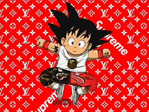 Goku in Streetwear Fashion with Supreme and Louis Vuitton Branding HD wallpaper