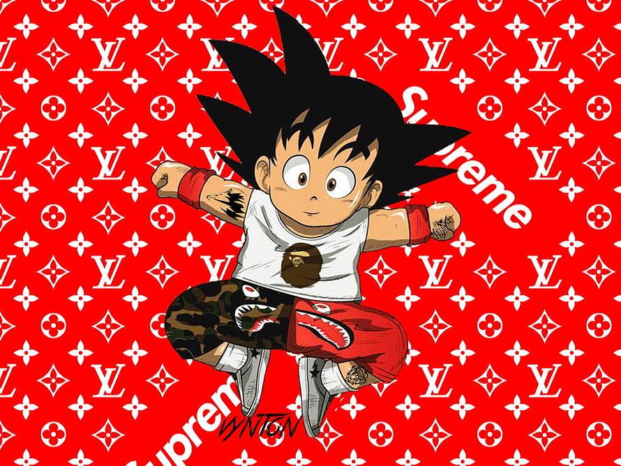 Goku in Streetwear Fashion with Supreme and Louis Vuitton Branding HD wallpaper