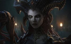 Lilith from Diablo in Dark Fantasy Armor with Horned Crown and Glowing Eyes HD wallpaper