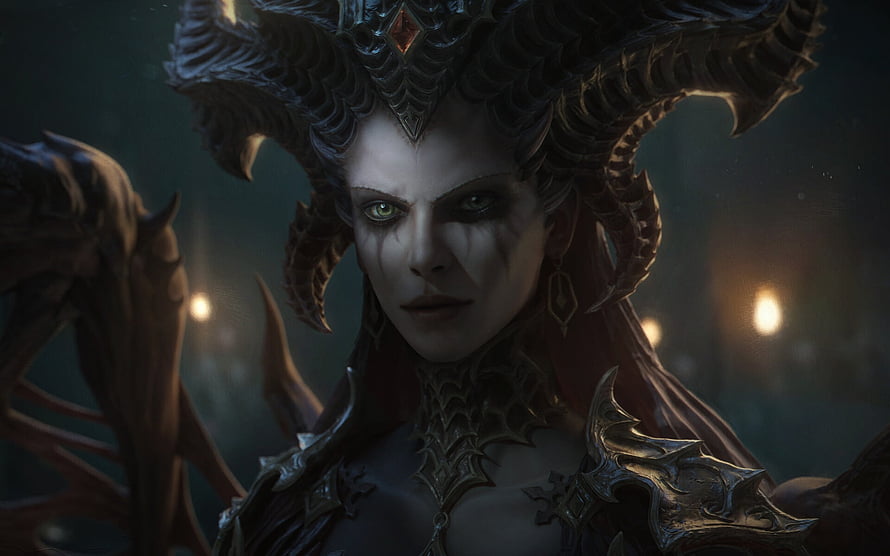 Lilith from Diablo in Dark Fantasy Armor with Horned Crown and Glowing Eyes HD wallpaper