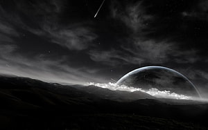 Monochrome Alien Planet Rising Over Dark Mountain Landscape with Shooting Stars HD wallpaper