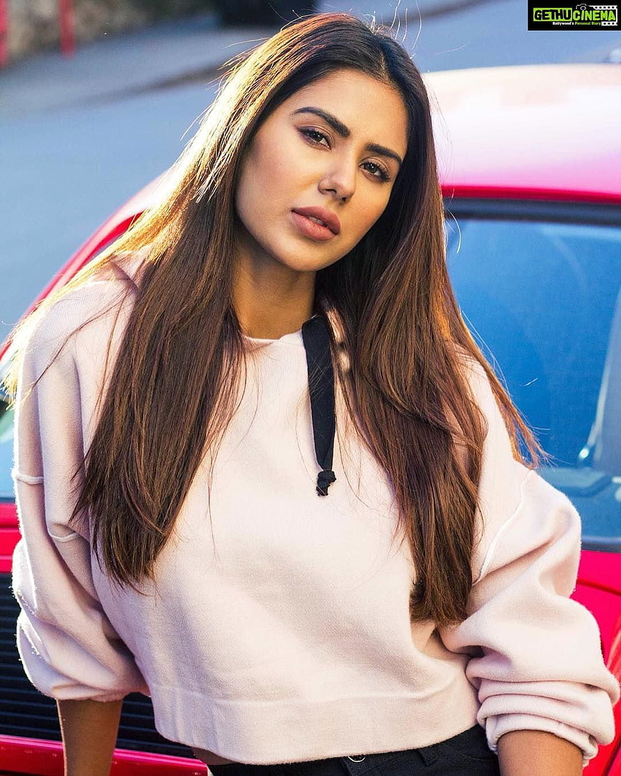 Sonam Bajwa in a Soft Pink Sweatshirt Leaning Against a Red Car HD phone wallpaper