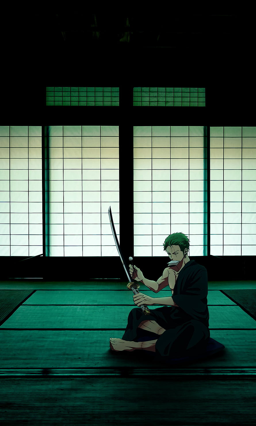 Roronoa Zoro Meditating with Katana in Traditional Japanese Dojo HD phone wallpaper