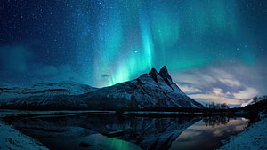 Vibrant Green Aurora Borealis Over Snow-Capped Mountain and Lake Reflection HD wallpaper