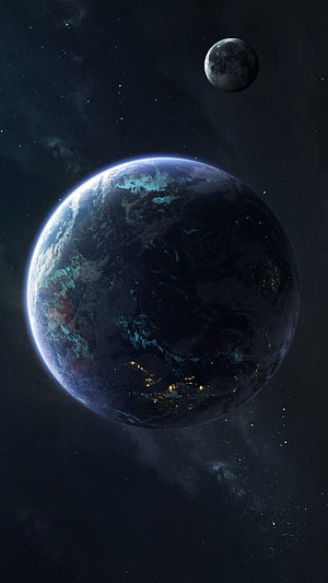 Earth and Moon in Deep Space with City Lights and Starfield HD phone wallpaper
