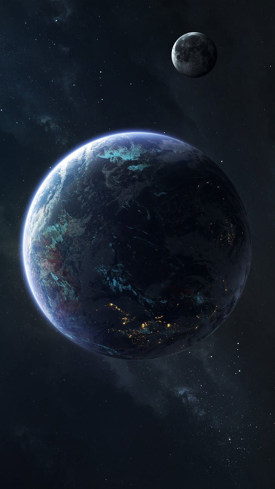 Earth and Moon in Deep Space with City Lights and Starfield HD phone wallpaper