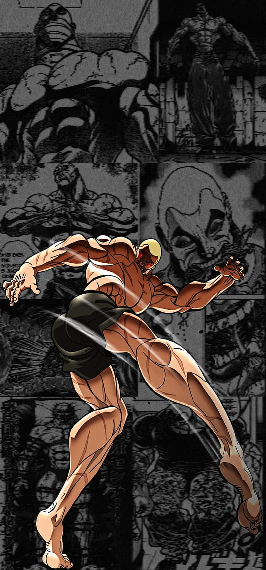 Jack Hanma Dynamic Fighting Pose Over Black and White Manga Panels HD phone wallpaper