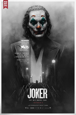 Joker Movie Poster Featuring Joaquin Phoenix in Iconic Clown Makeup and Dark City Staircase HD phone wallpaper