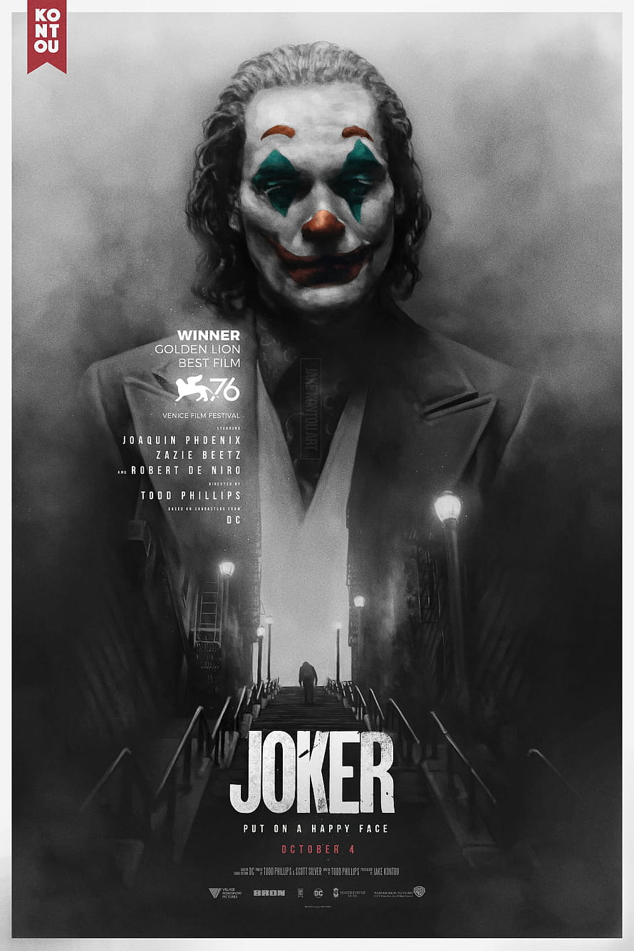 Joker Movie Poster Featuring Joaquin Phoenix in Iconic Clown Makeup and Dark City Staircase HD phone wallpaper