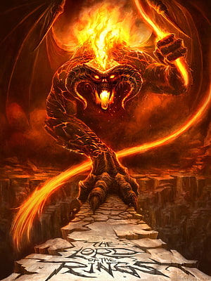 The Balrog of Moria from The Lord of the Rings, a fiery demon wielding a flaming whip in a dark fantasy illustration HD phone wallpaper