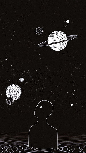 Minimalist Alien Silhouette Gazing at Ringed Planets in Deep Space HD phone wallpaper