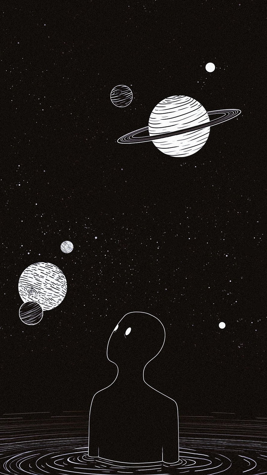 Minimalist Alien Silhouette Gazing at Ringed Planets in Deep Space HD phone wallpaper