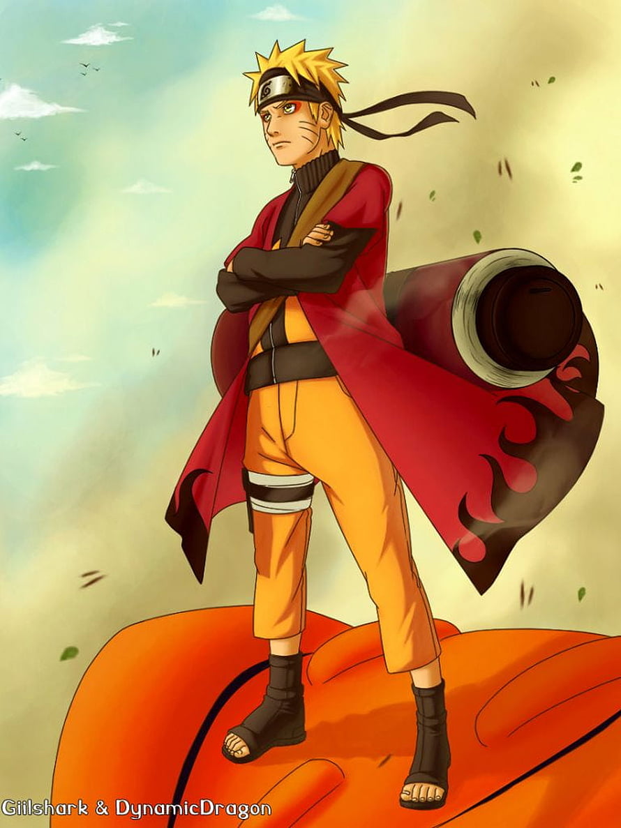 Naruto Sage Mode Character Art with Akatsuki Cloak and Kyuubi Chakra HD phone wallpaper