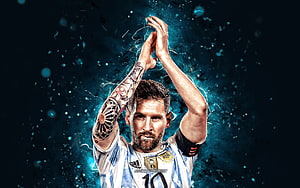 Lionel Messi Argentina National Team Clapping Celebration with Blue Neon Effects HD wallpaper