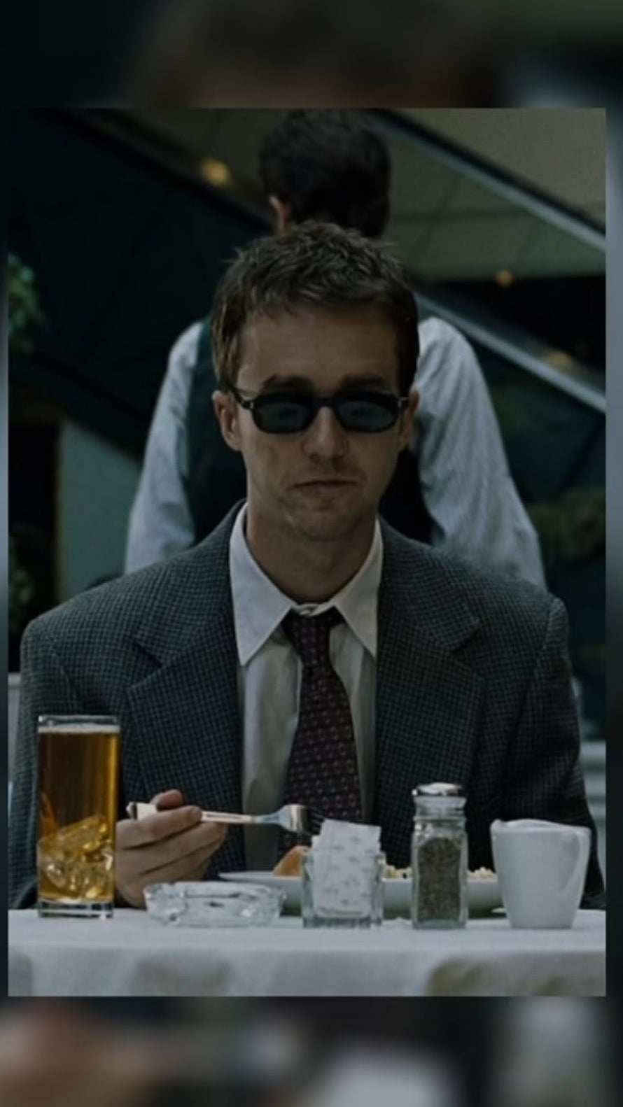 Fight Club Movie Scene of Man in Suit and Sunglasses at Restaurant Table HD phone wallpaper